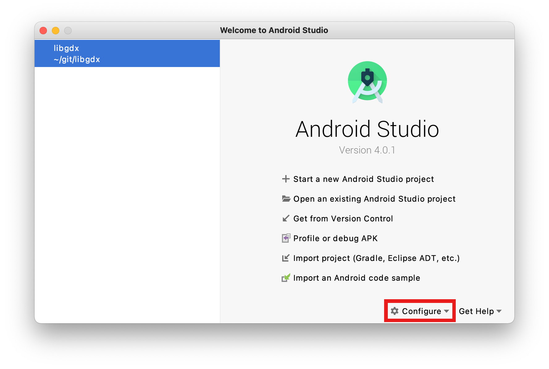 Android Studio welcome screen