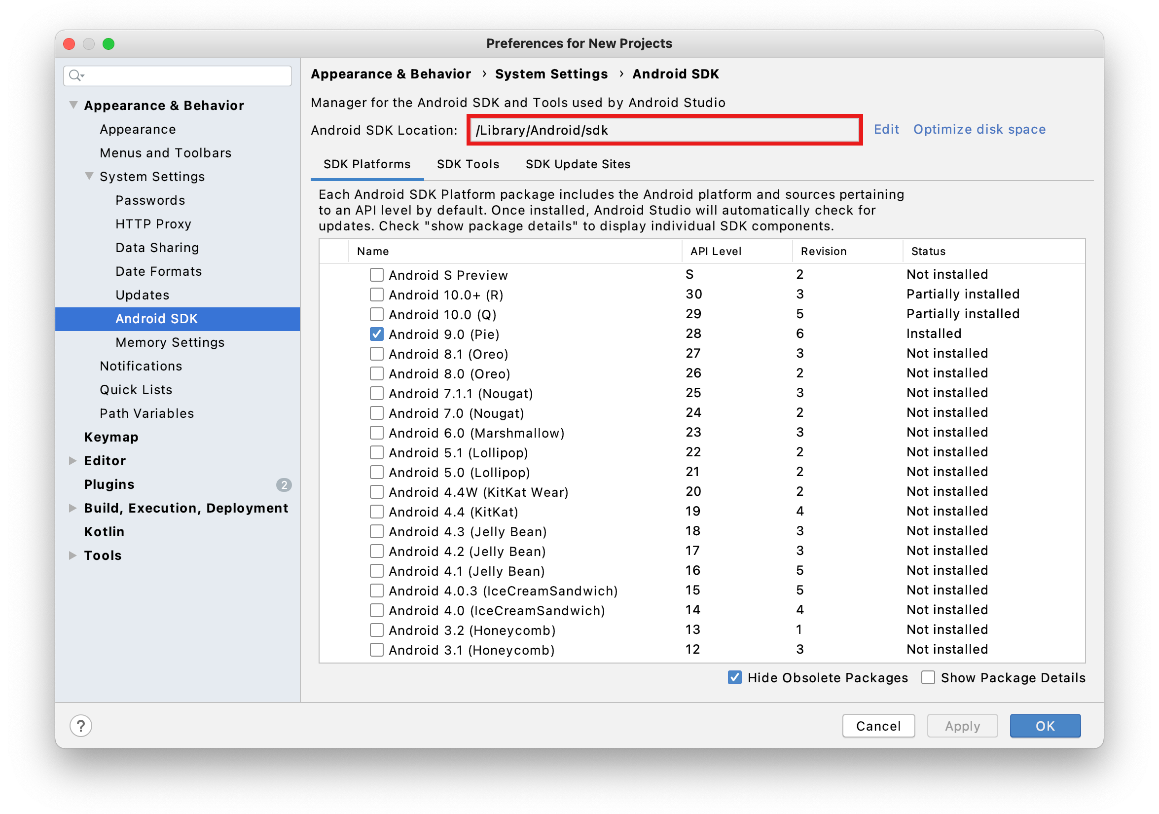 Android Studio SDK manager